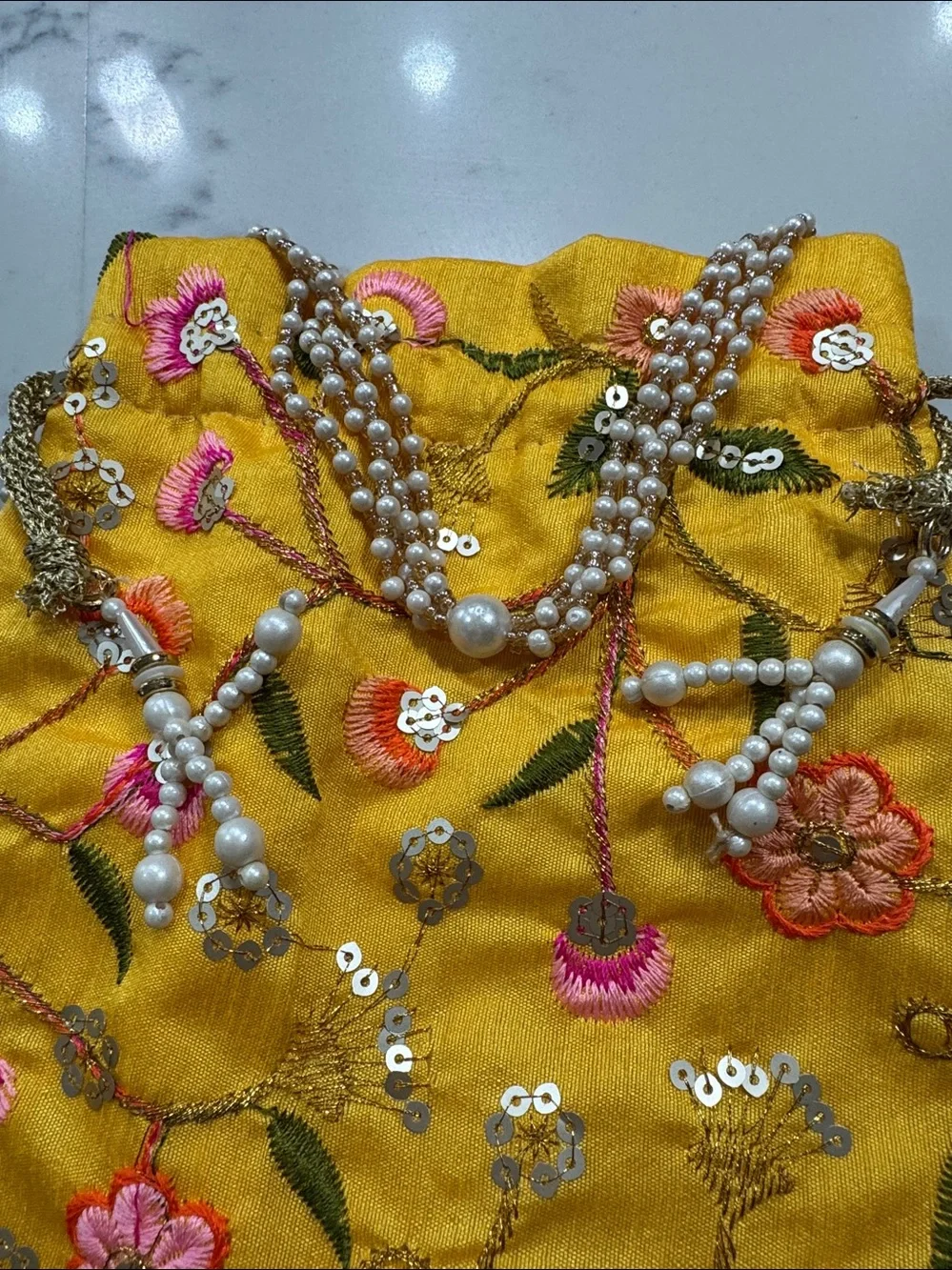 Yellow Floral Embroidered Indian potli Bag